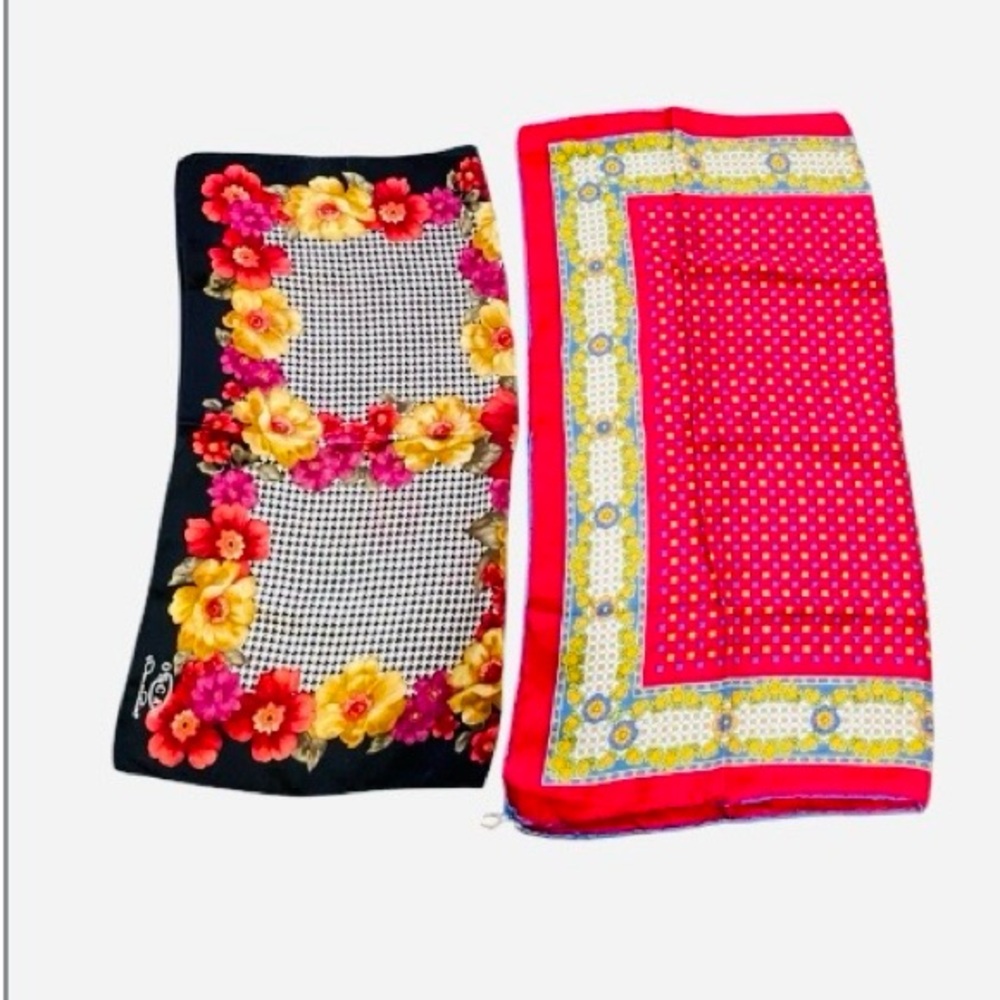 Silk Floral Houndstooth Black Scarf & Red Patterned Scarf - Set of 2